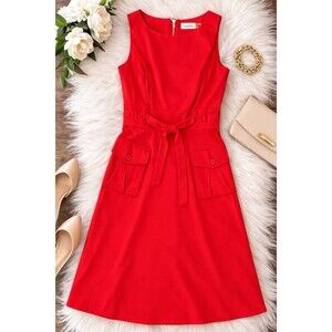 Calvin Klein Red Fit Flare Pocket Dress Cotton Blend Sleeveless Size 4
